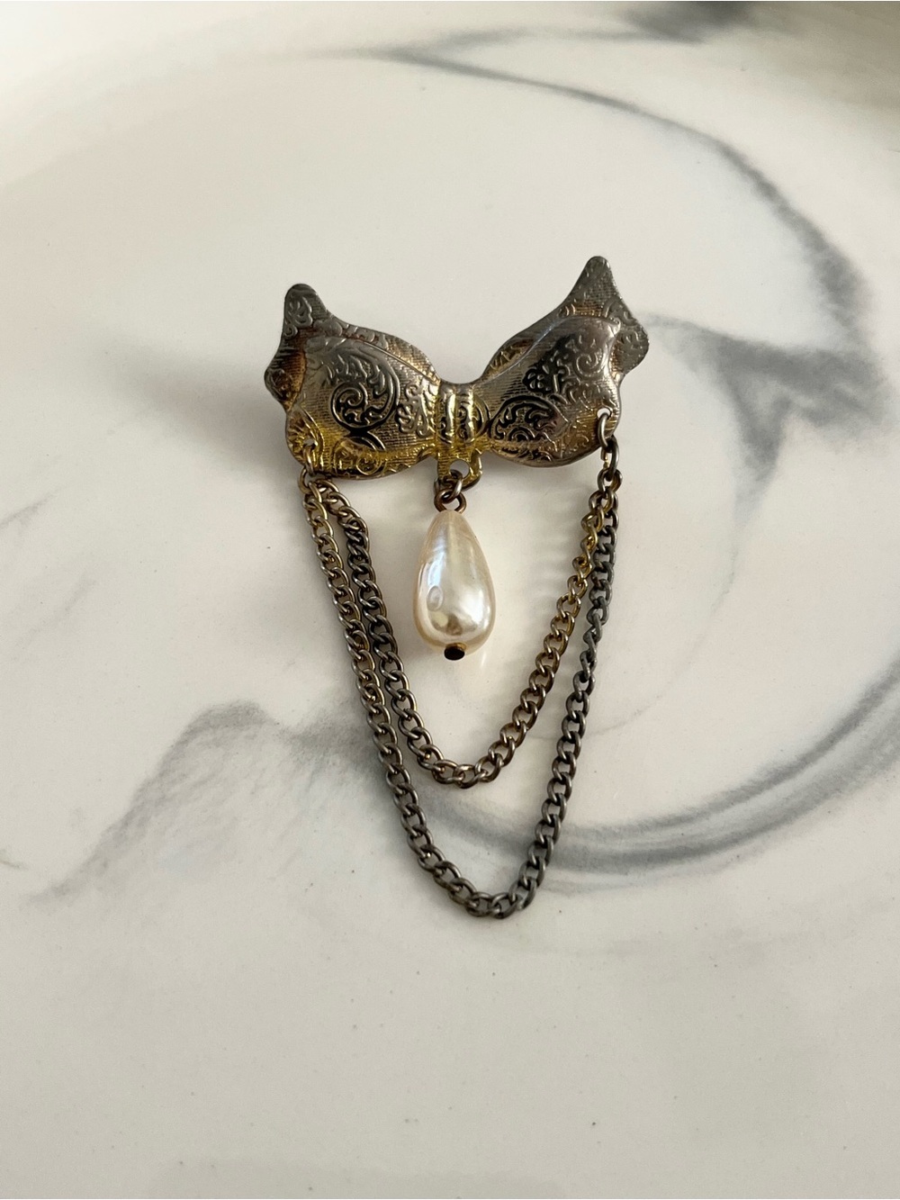 Vintage Ornate Bow Brooch with Pearl Drop & Draped Chains